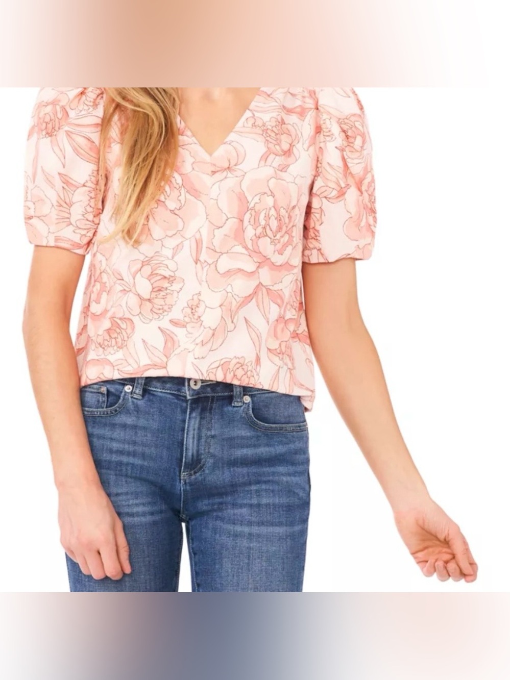 CeCe Petite Floral Floral Puff Sleeve V-Neck Blouse NWT